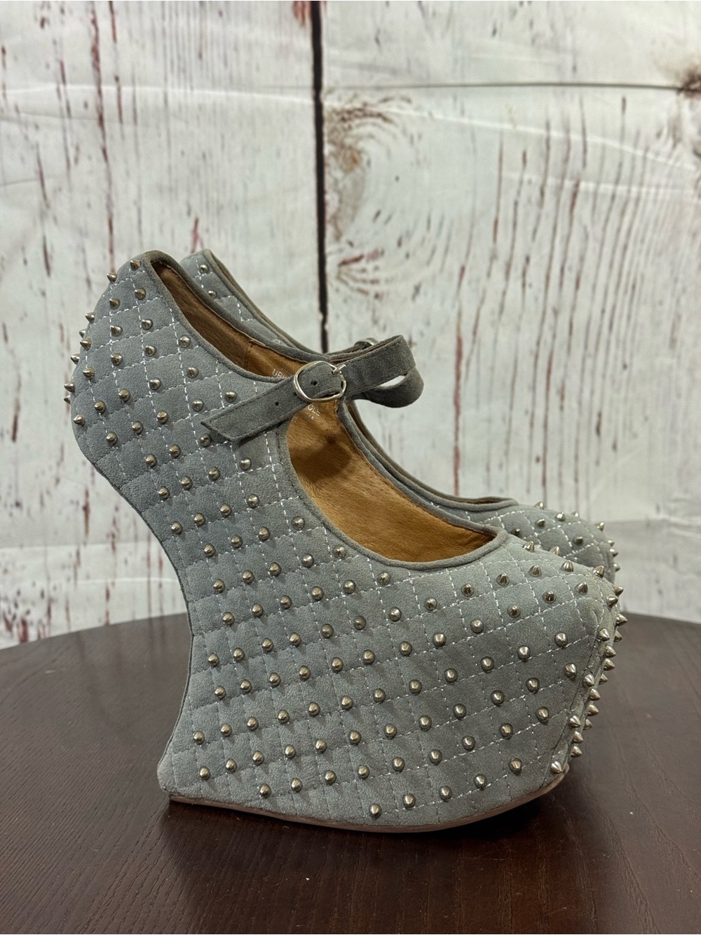 Jeffrey Campbell NightWalk Q HeelLess Silver Studded Mary Jane Platforms 6.5